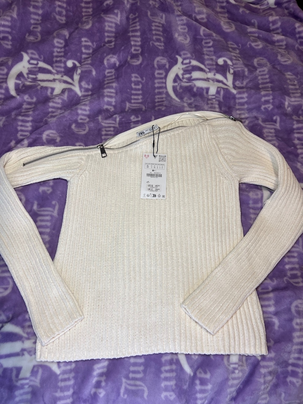 Zara Cream Ribbed Knit Zip Shoulder Sweater NWT S